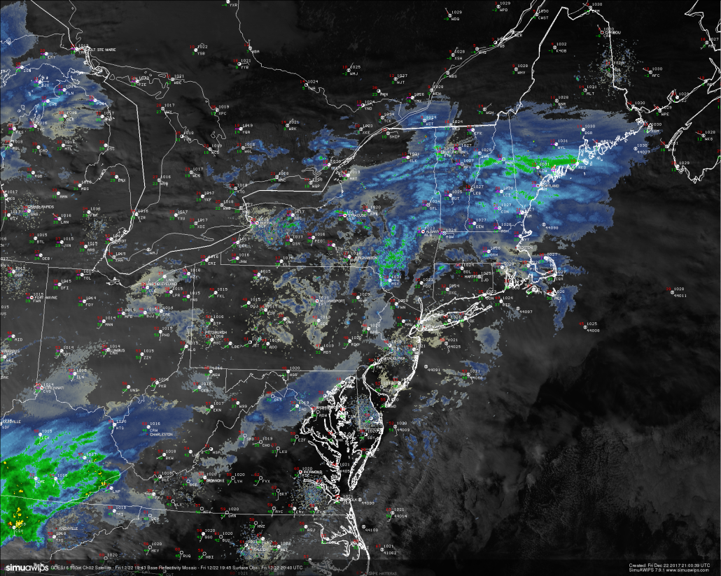 This afternoons high resolution visible satellite imagery, regional radar mosiac, and surface observations showing an area of showers over the NYC area, with snow (some heavy) over New England 