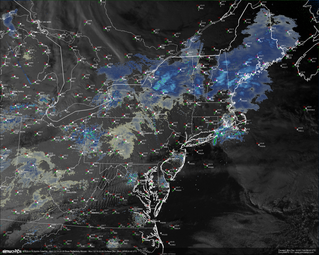 This evenings latest regional radar mosaic, GOES 13 visible satellite imagery, and surface observations showing a more mile and dreary end to the day across much of the Northeast 