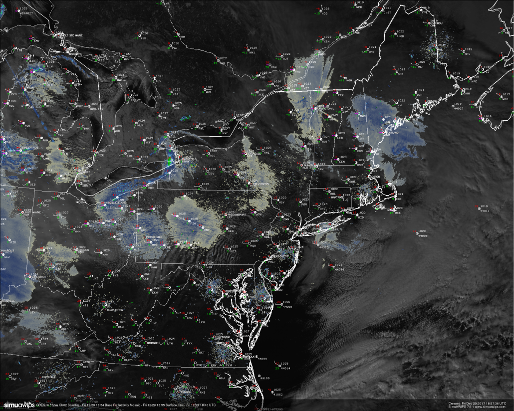 This afternoon high resolution visible satellite imagery, regional radar mosaic, and surface observations showing yet another bitterly cold day across the entire Northeast. 