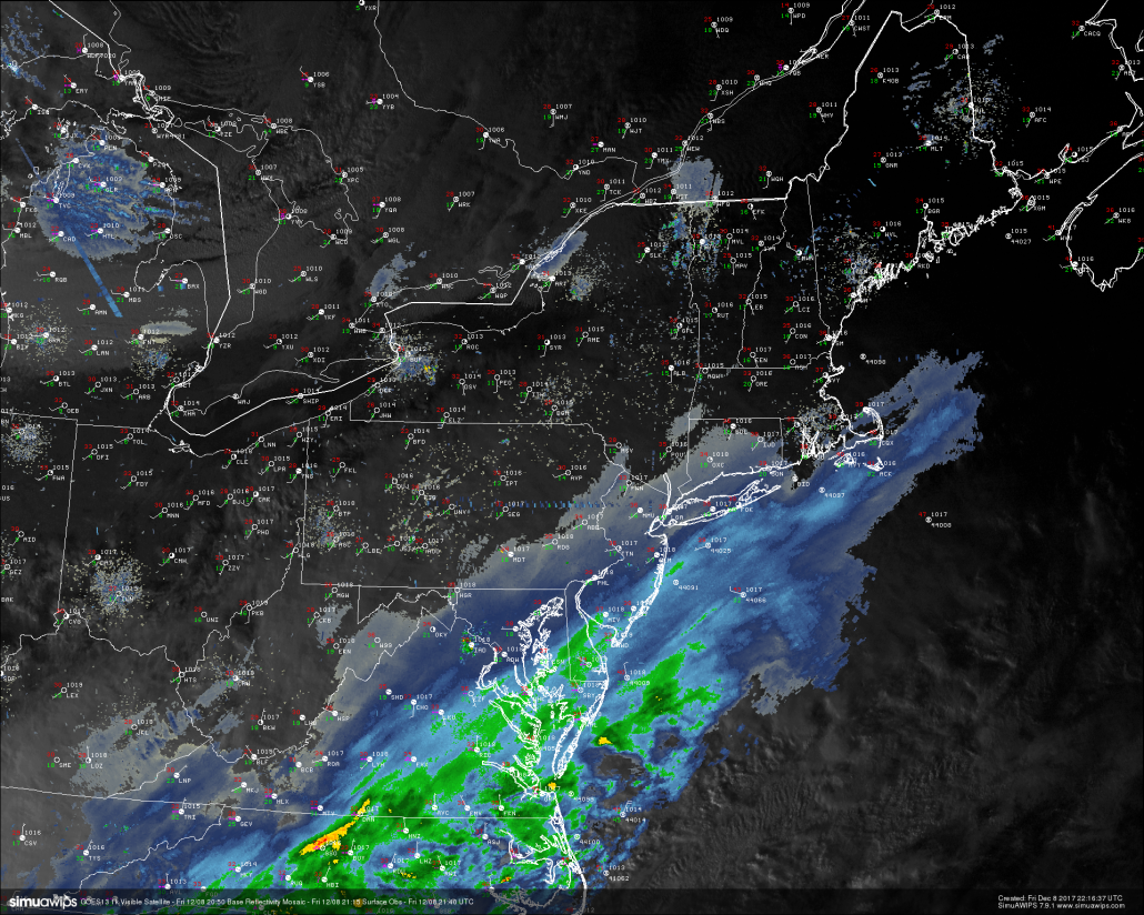 This evenings last-light visible satellite imagery, surface observations, and regional radar showing precipitation starting to work north into the Northeast. 