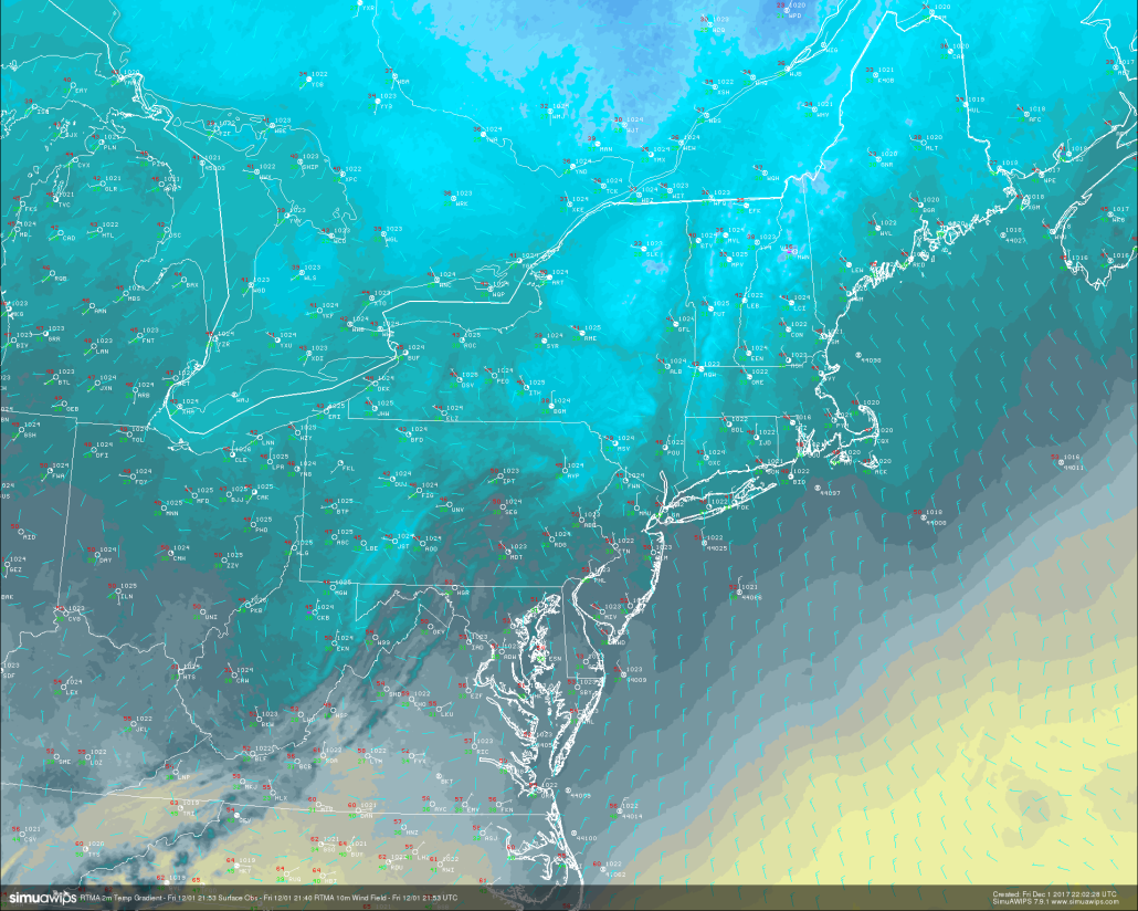 A look at the RTMA this evening showing cooling and clear conditions over the entire Northeast. Lows tonight are expected to fall sharply into the 20's and 30's across much of the area (Courtesy of Simuawips) 