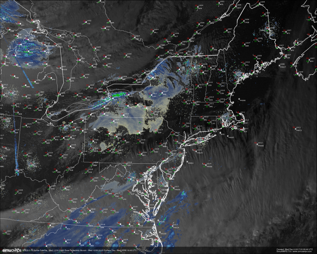 Last light GOES13 visible satellite imagery, regional radar mosaic, and surface observations, showing calmer and cooler conditions taking over the Northeast. Some high to mid level clouds are possible later this evening (Credit Simuawips) 