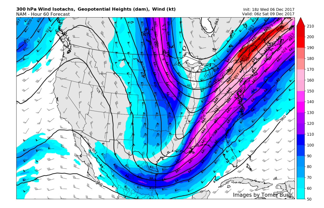 This evenings NAM model showing a very impressive and intense jet streak over the Northeast, promoting the development of precipitation near the east coast (Credit: Tomer Burg) 