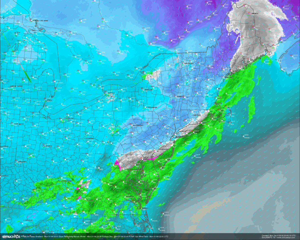 This evenings regional radar mosaic, surface observations, and RTMA 2m temperatures showing some light rain, snow, and freezing rain over the Mid Atlantic states. 
