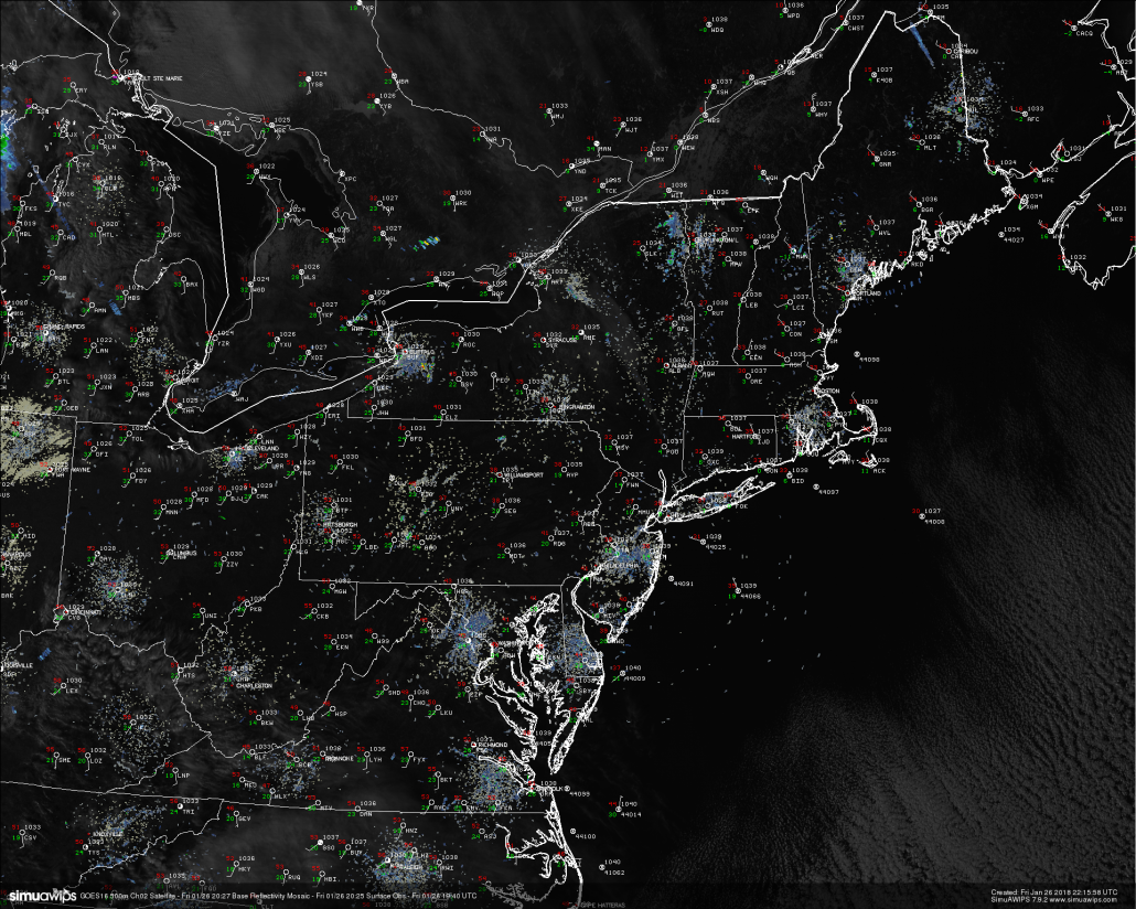 This afternoons latest high resolution visible imagery, regional radar mosaic, and surface observations showing a cold, but seasonable day across much of the Northeast 