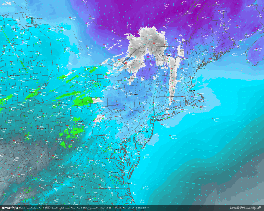 This evenings latest 2m RTMA temperatures, surface observations, and regional radar mosaic. Note the weak area of light snow and flurries over New England associated with some disorganized energy over southern Canada. 