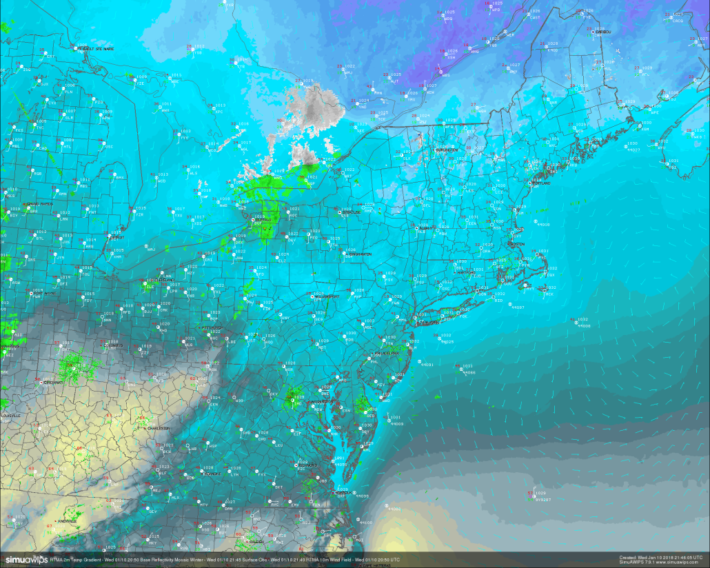This evenings surface observations, RTMA 2 meter temperatures, and regional radar mosaic showing a rather dreary and cool day across the Northeast with warmer temperatures off to the west 