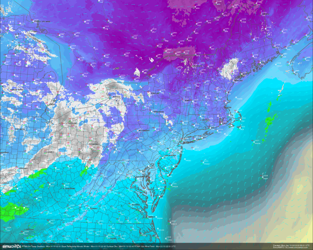 This evenings latest look at the regional radar mosaic, surface observations, and RTMA 2m Temperatures, showing a rather chilly evening with a disturbance approach from the west 