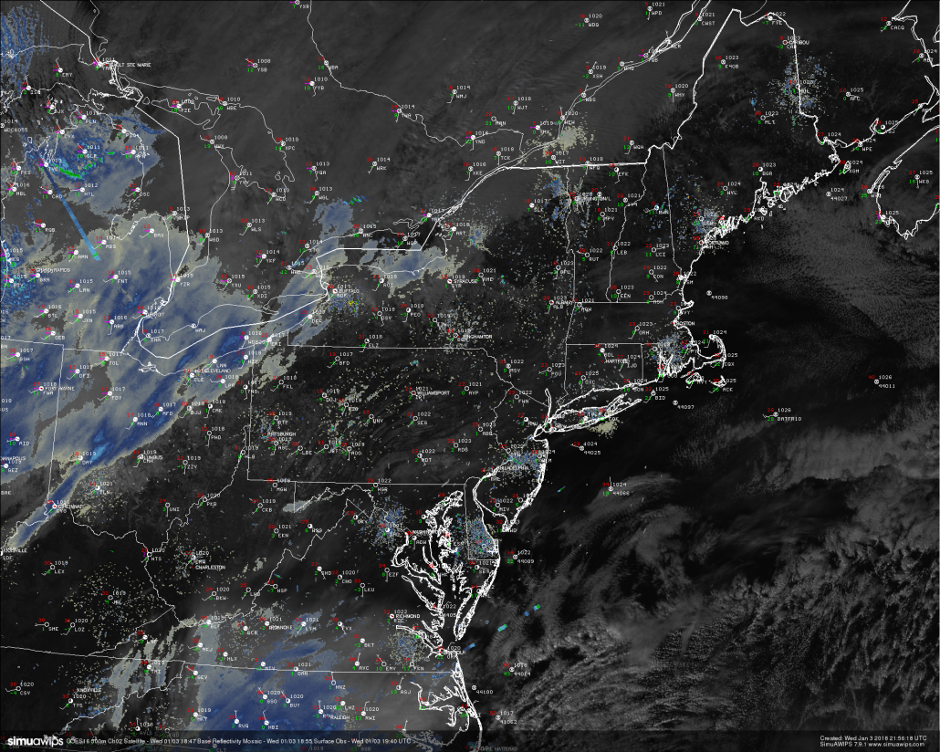 This afternoons high-resolution visible satellite imagery, surface observations, and regional radar showing a mostly sunny day across the Northeast with some occasional spots of clouds 