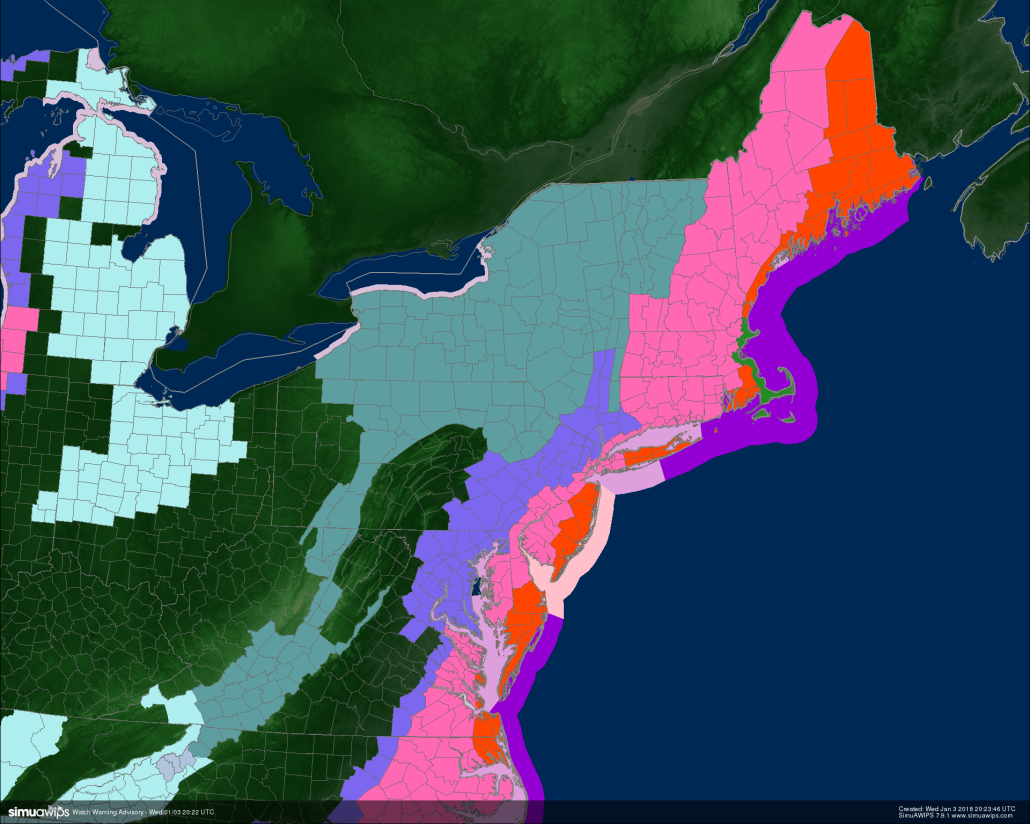 Map of all Blizzard Warnings (Orange) Winter Storm Warnings (Pink) and Winter Weather Advisories (Purple) across the Northeast this evening 