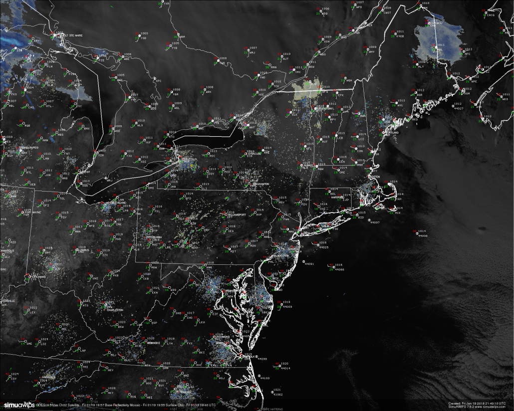 This afternoons high resolution visible satellite imagery, regional surface observations, regional radar mosaic, showing a rather calm and cold day across the Northeast. Note the ice jam located juts to the south of the "MDT" in southeast PA 