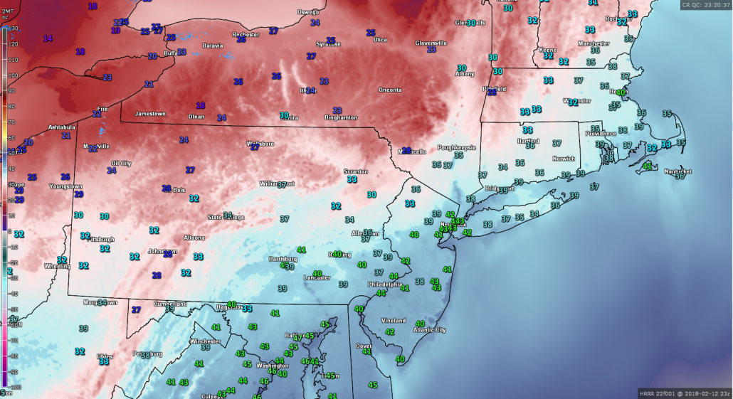 This evenings latest surface temperatures from the HRRR with surface observations and the regional radar mosaic showing a rather calm, but cooler night taking shape 