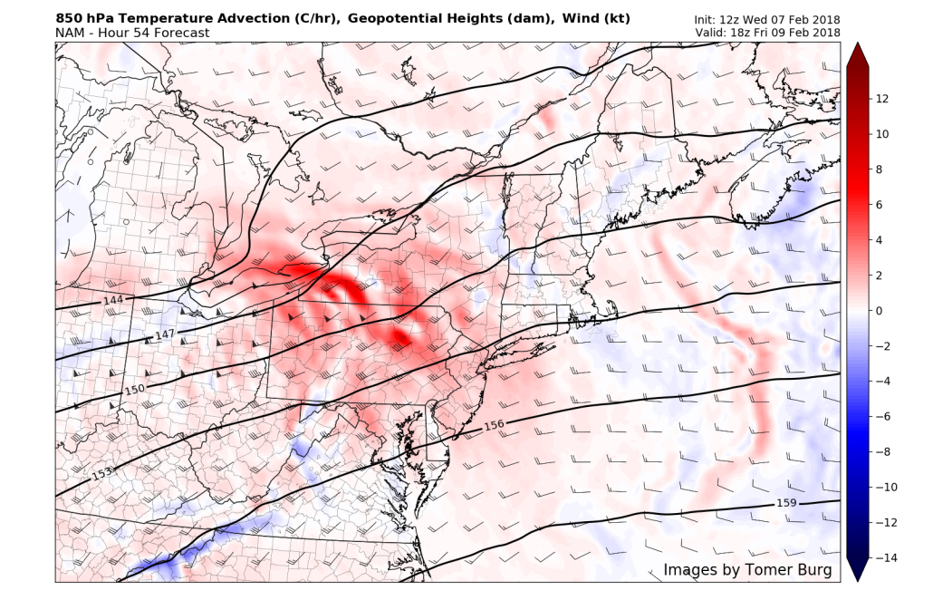 This afternoons NAM model showing significant warm air advection over the Northeast on Friday afternoon, leading to a change to warmer temperatures 