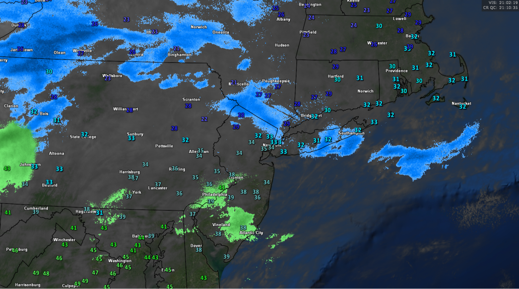 This afternoons current surface observations, regional radar mosaic, and high resolution satellite imagery showing a cold day across the region with areas of light snow 