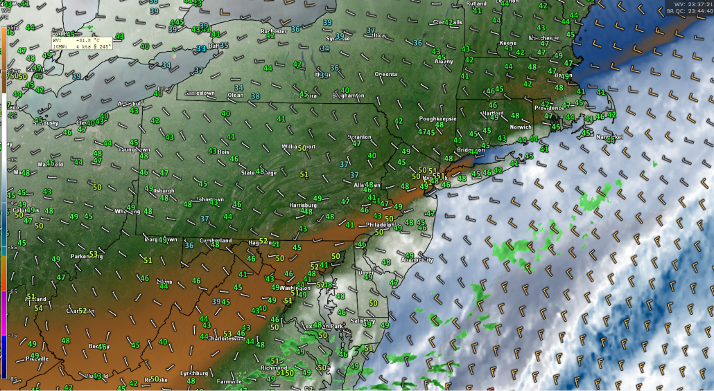 This evenings latest high resolution water vapor imagery, surface observations, and surface winds, showing a more calm temporarily setting up. 