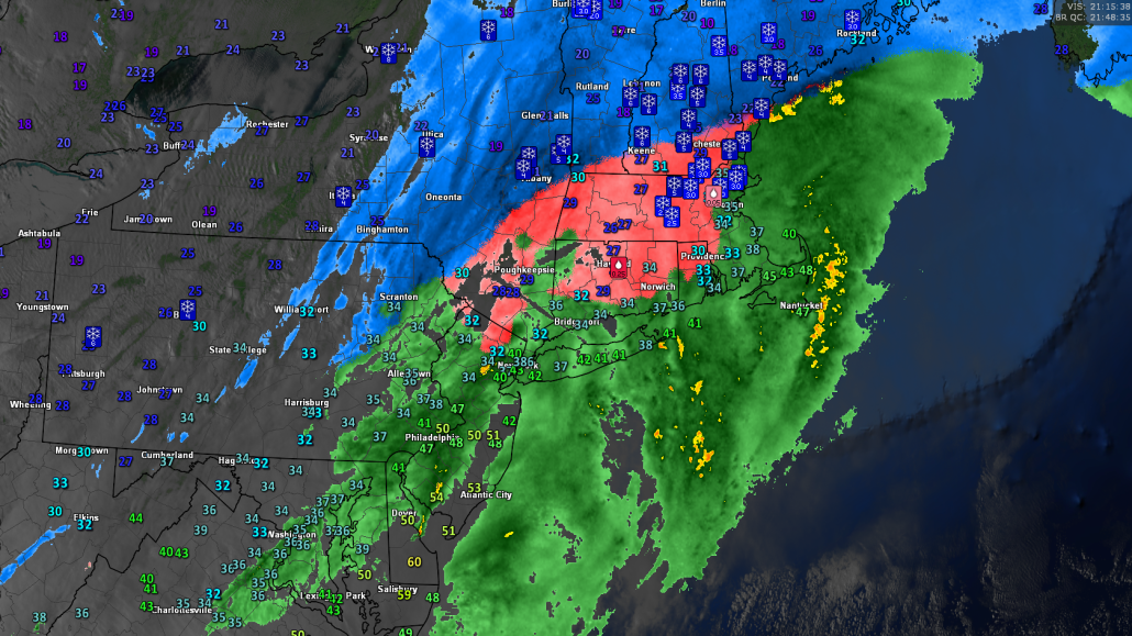 This evenings latest high resolution visible satellite imagery, regional radar mosaic, and surface temperatures over the Northeast showing a wide variety of weather conditions 