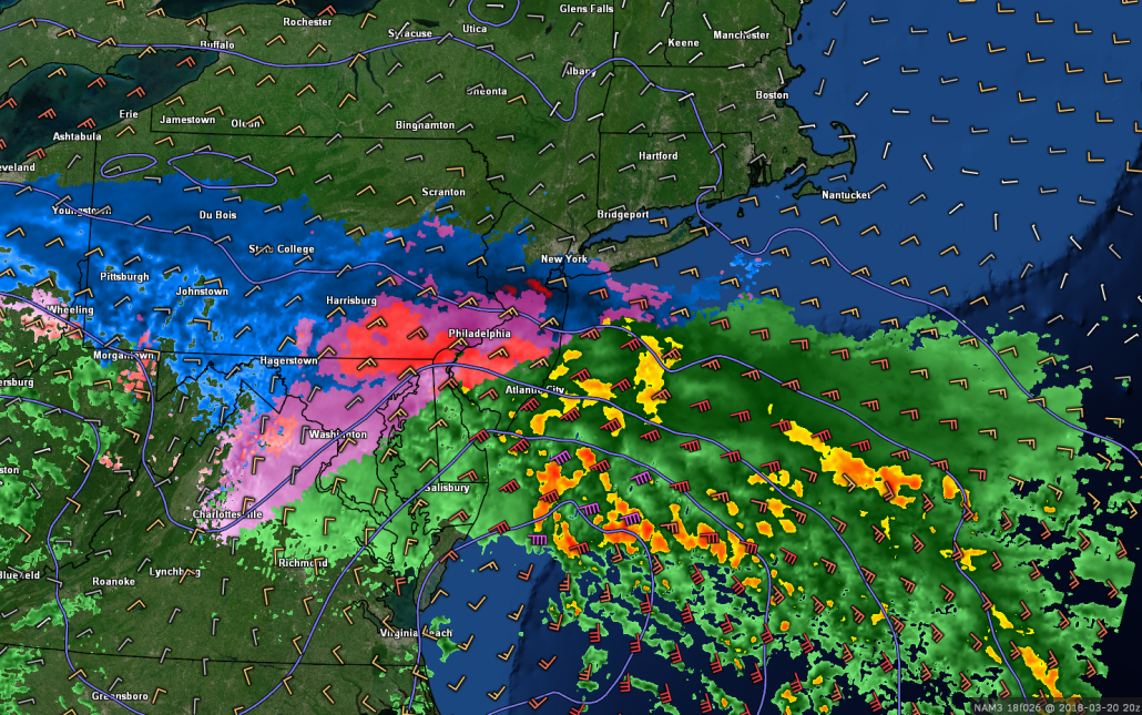 This afternoons high resolution NAM showing heavy snow, sleet, and rain over portions of the Mid Atlantic and Northeast tomorrow afternoon 