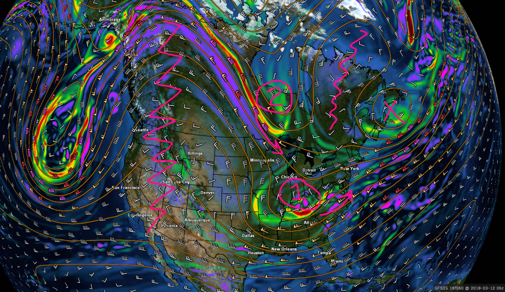 A very rough synoptic breakdown of the upper level pattern expected by Sunday. Each feature will play a key role on the overall potential for a storm on Monday 