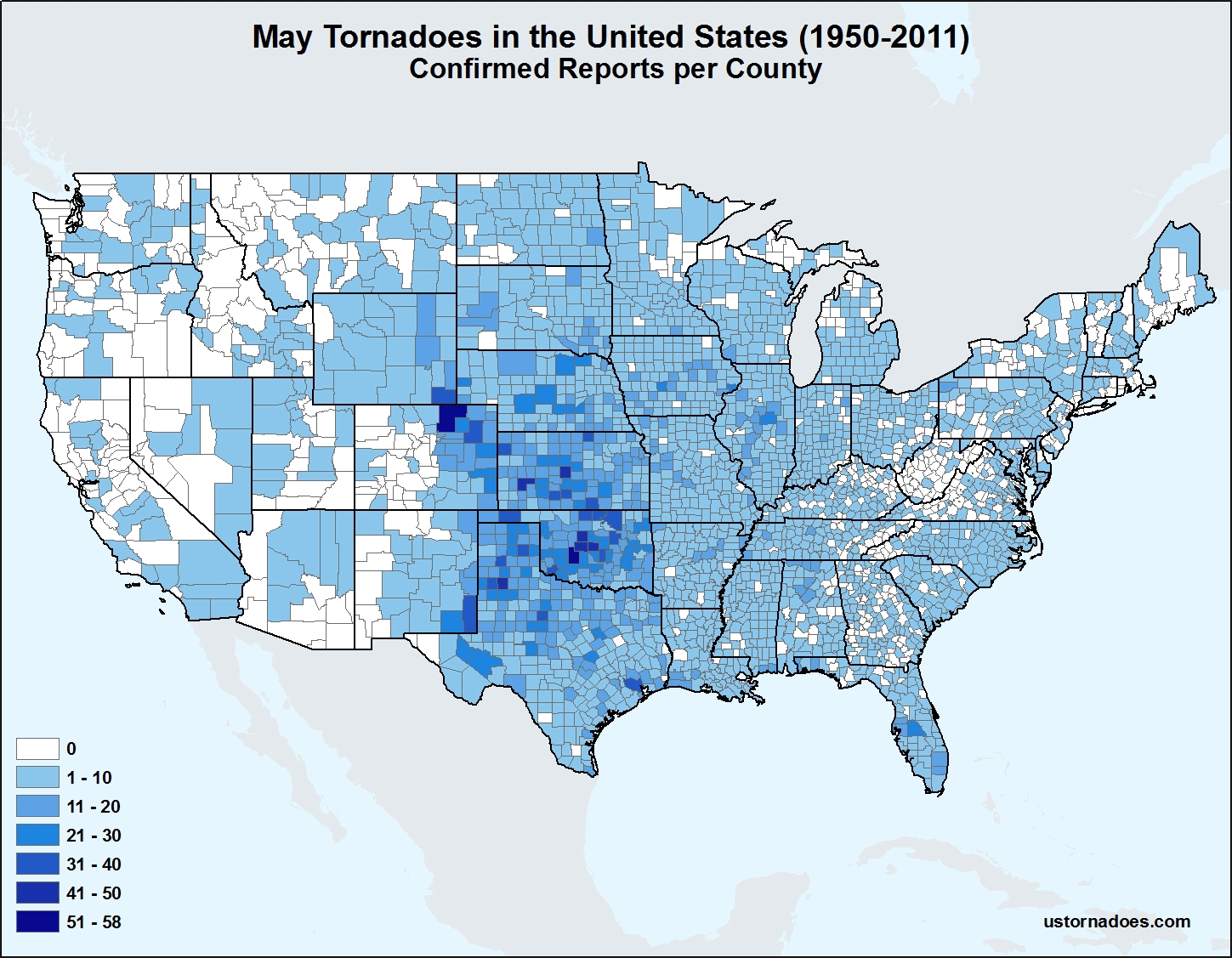 May Tornadoes in the United States, colored by county, courtesy of USTornadoes.Com