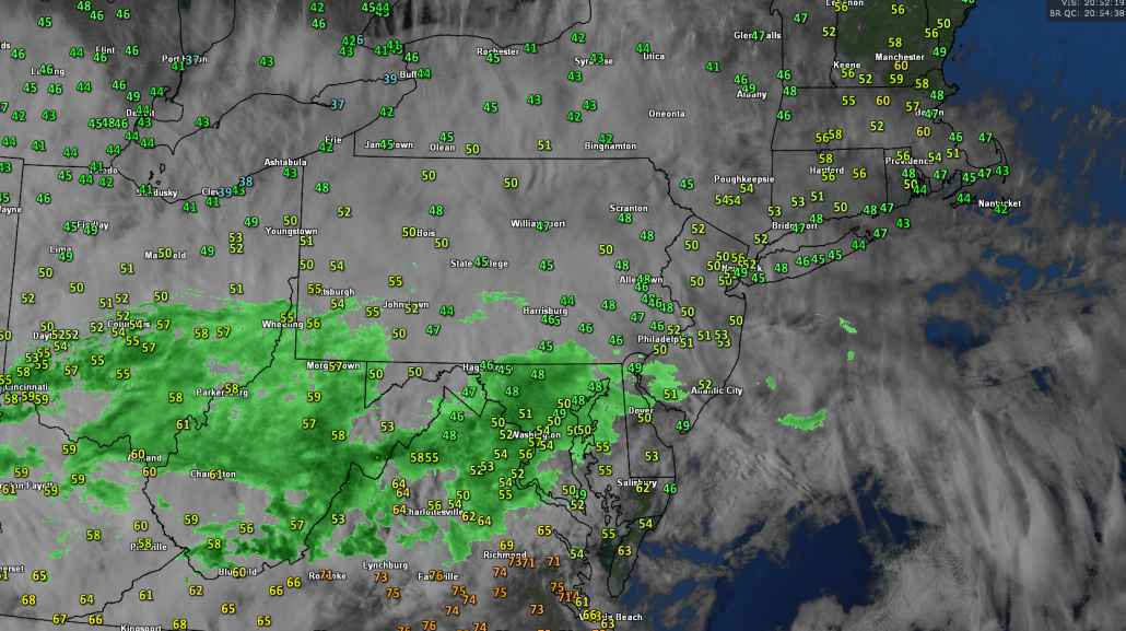 This afternoons visible satellite imagery, regional radar mosaic, and surface temperatures, showing a rather gloomy day across the Northeast. 