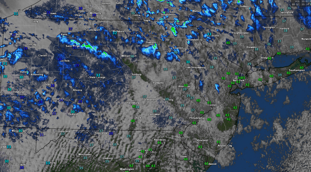 This afternoons latest surface temperatures, regional radar mosaic, and high resolution visible satellite imagery 
