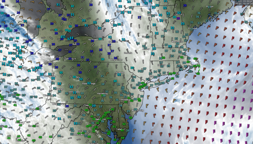 This evenings latest surface observations, surface winds, regional radar mosaic, and water vapor imagery