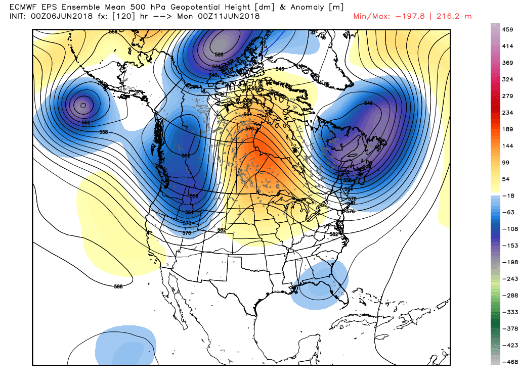 ECMWF EPS showing a high-amplitude ridge over the Central US and Canada this weekend