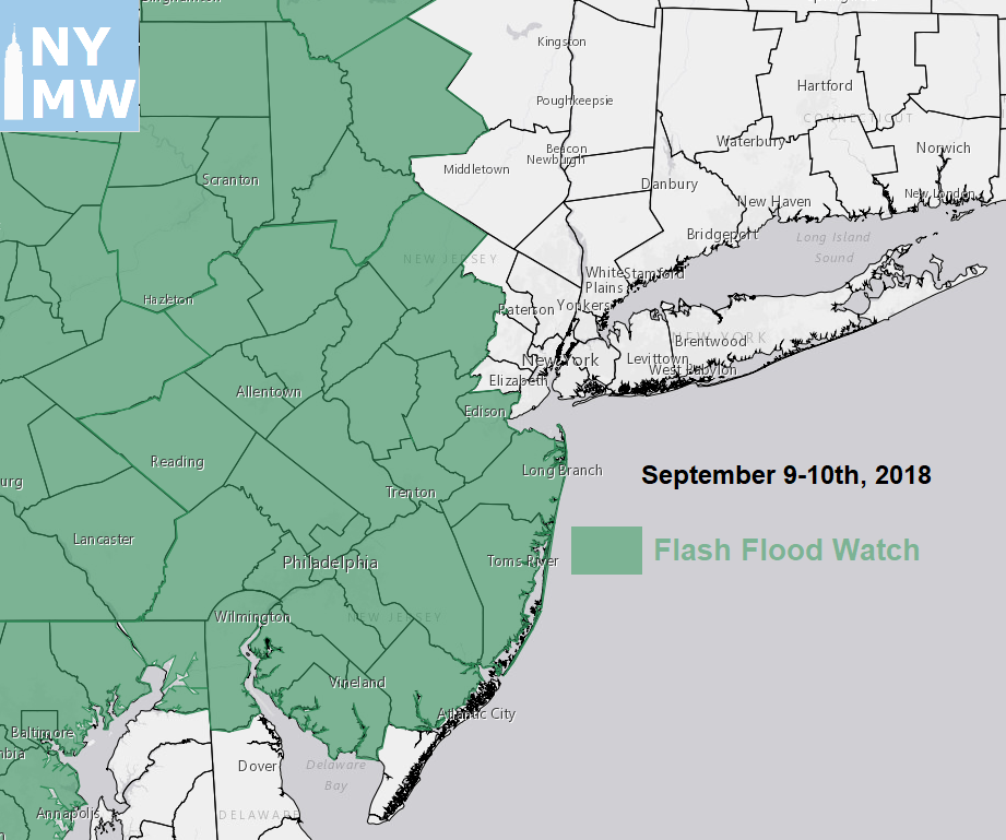 Flash Flood Watches for Sunday and Monday, over much of New Jersey, Eastern Pennsylvanian