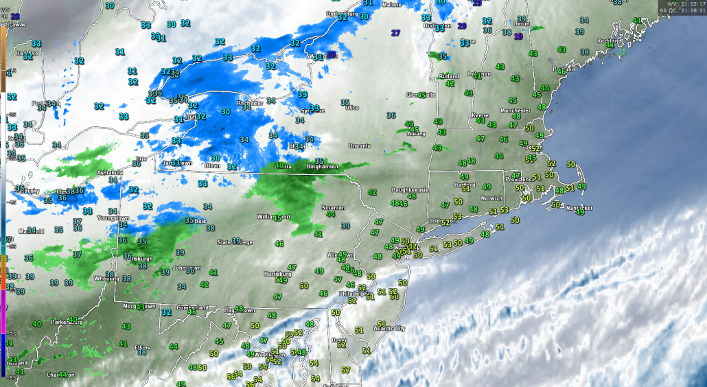 Radar, WV satellite, and surface temperatures as of 5pm over the Northeast. 
