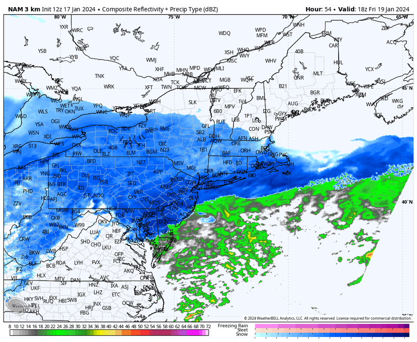 NAM model's simulated radar at 2pm on Friday showing snow throughout the area.